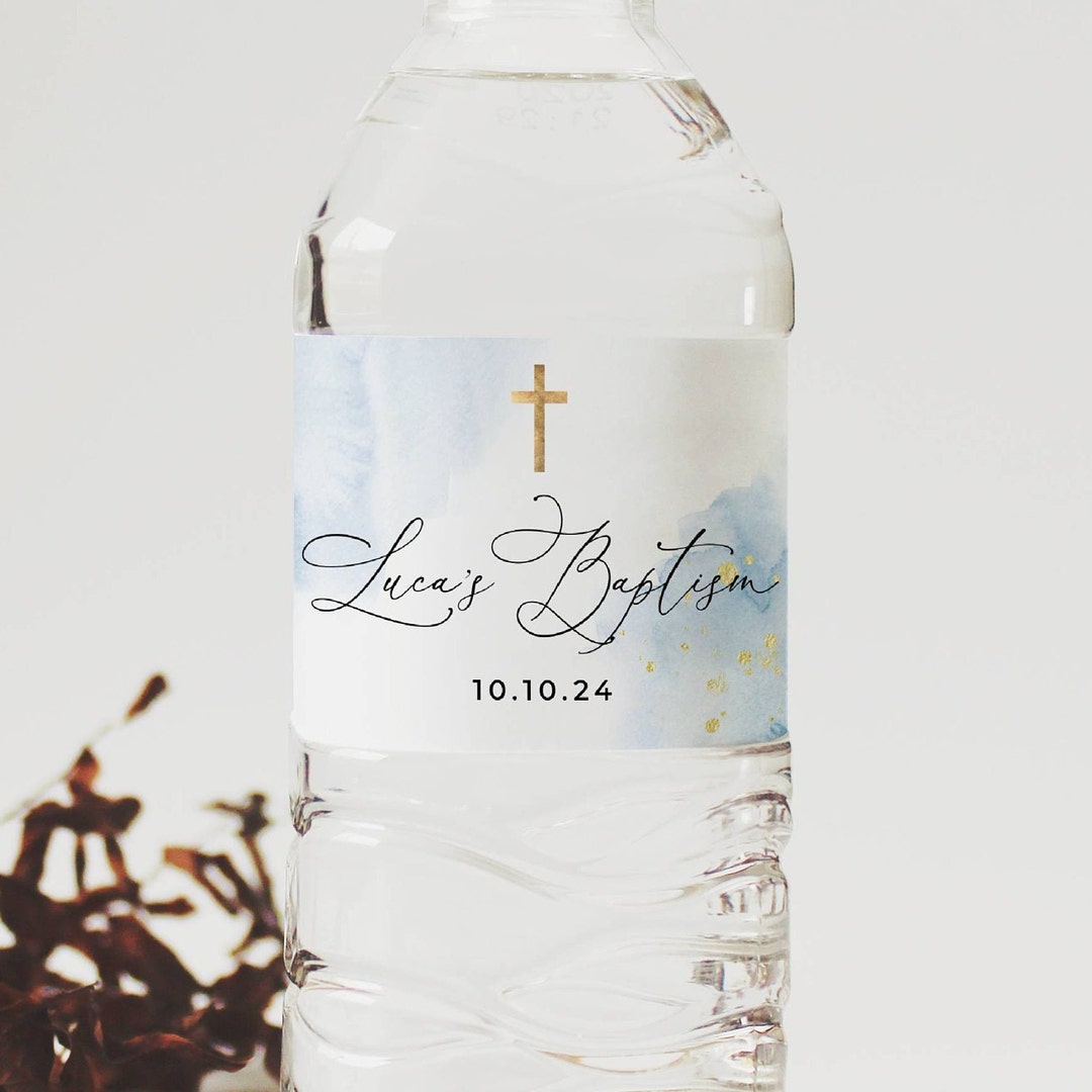 Blue & Gold Baptism Water Bottle Label Template, Printable Watercolor
