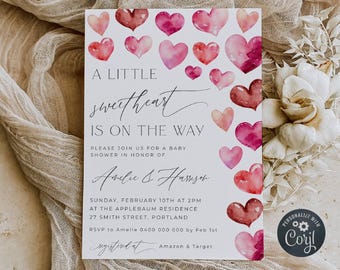 Editable Little Sweetheart Baby Shower Invitation Template, Printable Pink Hearts Valentine's Shower Invite, Digital Download, #V3