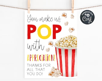 Popcorn waardering teken sjabloon, afdrukbare You Make Us Pop leraar waardering teken, bewerkbare werknemer bedankje, digitale download