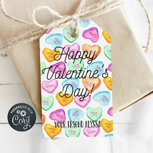 Valentinstag Candy Hearts Geschenkanhänger Vorlage, druckbare Regenbogen Konversation Herzen Tag, bearbeitbare Schulklassenzimmer Tags, Sofort Download