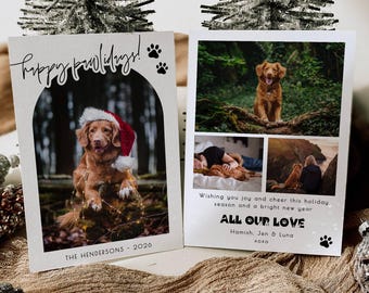 May include: Two rectangular holiday greeting cards featuring photos of a golden-brown dog. The left card displays the text Happy pawlidays! and The Hendersons - 2026. The right card includes three photos and the text All Our Love, Hamish, Jen & Luna.
