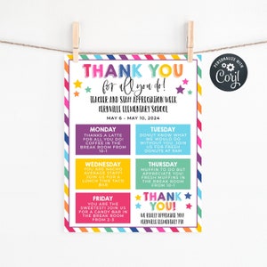 Teacher Appreciation Week Itinerary Flyer Template, Printable Teacher & Staff Appreciation Sign, Editable Daily Schedule, Instant Download