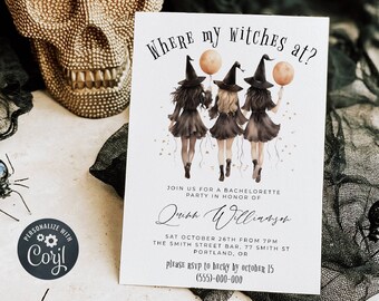 Halloween Bachelorette Invitation Template, Printable Where My Witches At Bridal Shower Invite, Editable Witch Invite, Digital Download, #WM