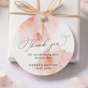 Runde Rosa & Gold Taufe Gunsten Anhänger, druckbare Geschenkanhänger zur Taufe, bearbeitbares Blush Aquarell Taufe Anhänger, sofort Download, #PB