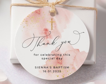 Runde Rosa & Gold Taufe Gunsten Anhänger, druckbare Geschenkanhänger zur Taufe, bearbeitbares Blush Aquarell Taufe Anhänger, digitaler Download, #PB