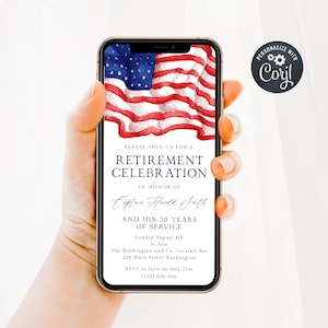Könnte beinhalten: Eine digitale Einladung zu einer Feier zur Pensionierung mit einem Aquarell-Design der amerikanischen Flagge. Die Einladung ist für Captain Harold Smith und seine 30 Jahre Dienstzeit. Die Veranstaltung findet am Sonntag, den 4. August um 15:00 Uhr in der Washington and Co. Cocktail Bar, 208 Main Street Washington, statt. RSVP an Julie bis zum 21. Juli unter (555) 000 000.