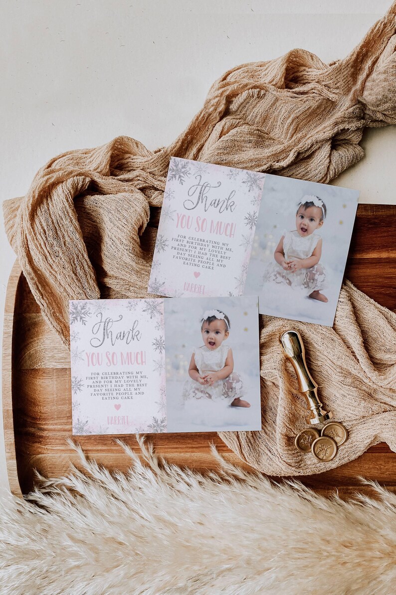 Editable Winter Onederland Pink Birthday Photo Thank You Card Template ...