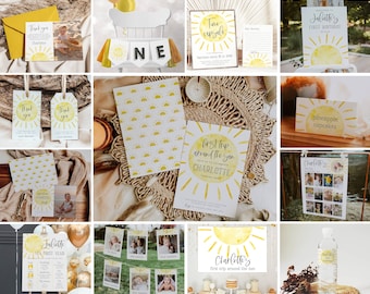 Pacchetto di modelli per la festa di compleanno a tema sole, kit stampabile per la festa del primo giro intorno al sole, decorazioni modificabili "Il nostro piccolo sole", download digitale, #S1