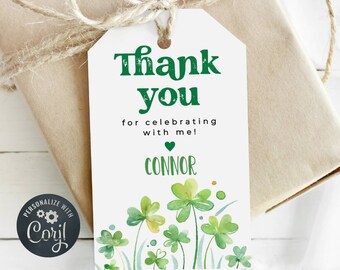 St. Patrick's Day verjaardag cadeau labelsjabloon, afdrukbare klaver klavers gunst Tags, bewerkbare Ierse verjaardag bedankt, digitale download #SP
