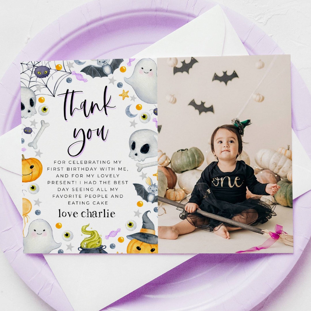 Spooky One Birthday Photo Thank You Card Template, Printable Halloween ...