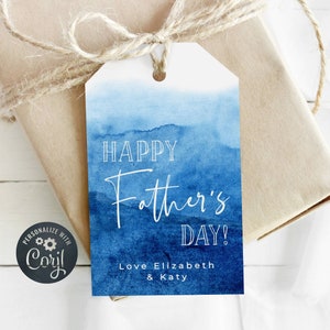 Father's Day Gift Tag Template, Printable Fathers Day Favor Tag, Ombre Blue Tags, Personalized Editable Tag for Dad, Instant Download