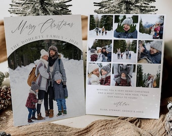 Modern Boho Holiday Card Template, Printable Arch Photo Collage Christmas Card, Editable Minimal Family Xmas Greeting Card, Digital Download