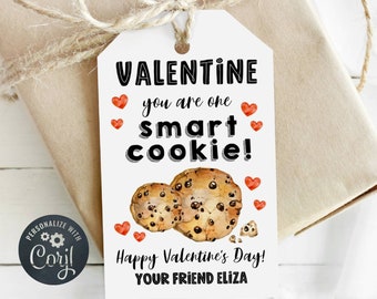 Smart Cookie Valentine's Day Gift Tag Template, Printable Cookie Favor Tag, Editable School Classroom Valentine Treat Tags, Digital Download