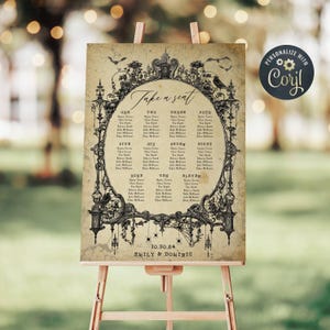 Modello di tabella dei posti a sedere con cornice gotica per Halloween, planimetria dei tavoli per matrimonio vintage stampabile, cartello dei posti a sedere spettrale modificabile, download immediato, #H8
