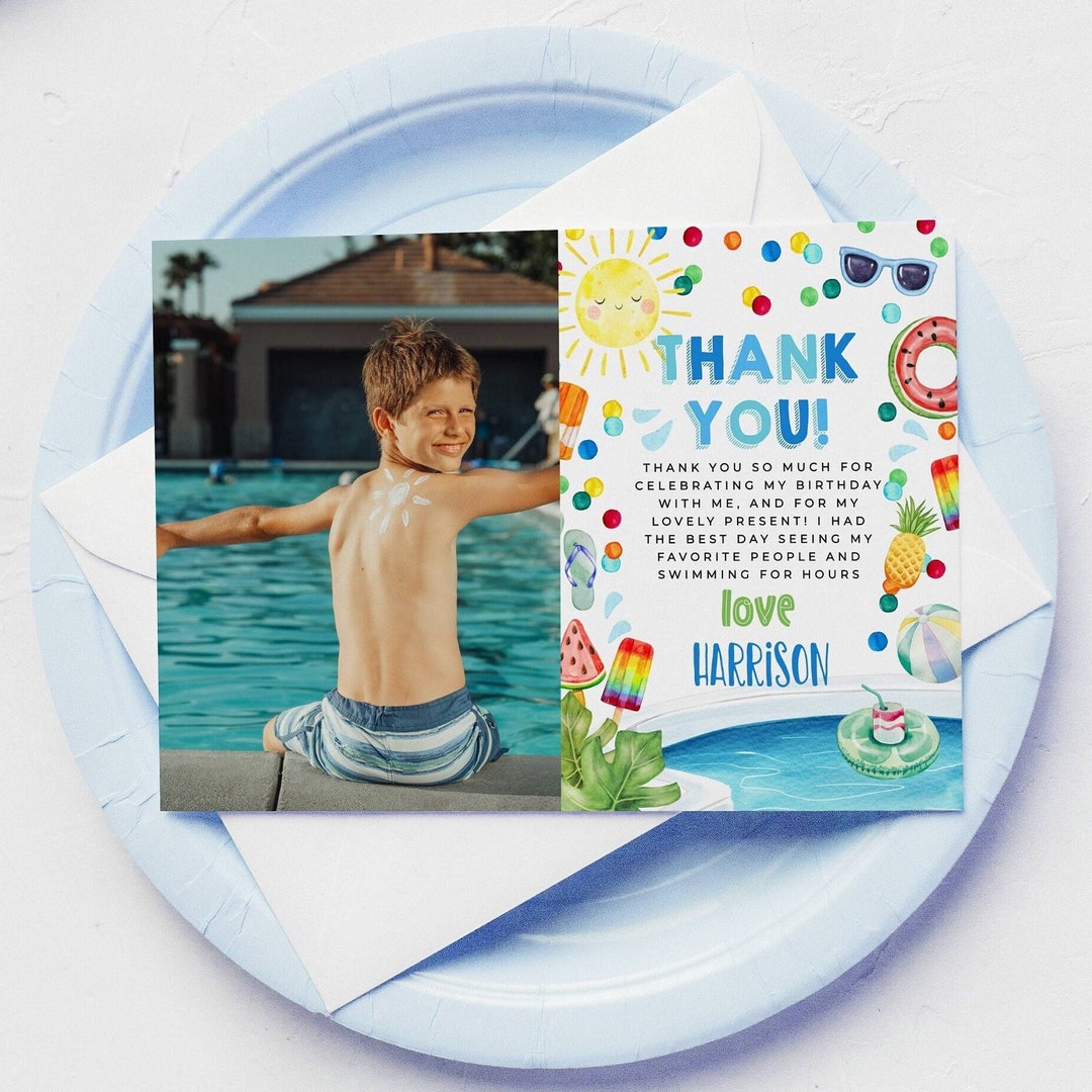 Pool Party Birthday Photo Thank You Card Template, Printable Summer ...
