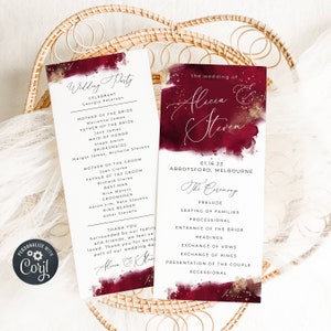 Modèle de programme de mariage aquarelle Bordeaux, Ordre de cérémonie imprimable bordeaux et or, programme moderne modifiable, téléchargement immédiat, #WC2