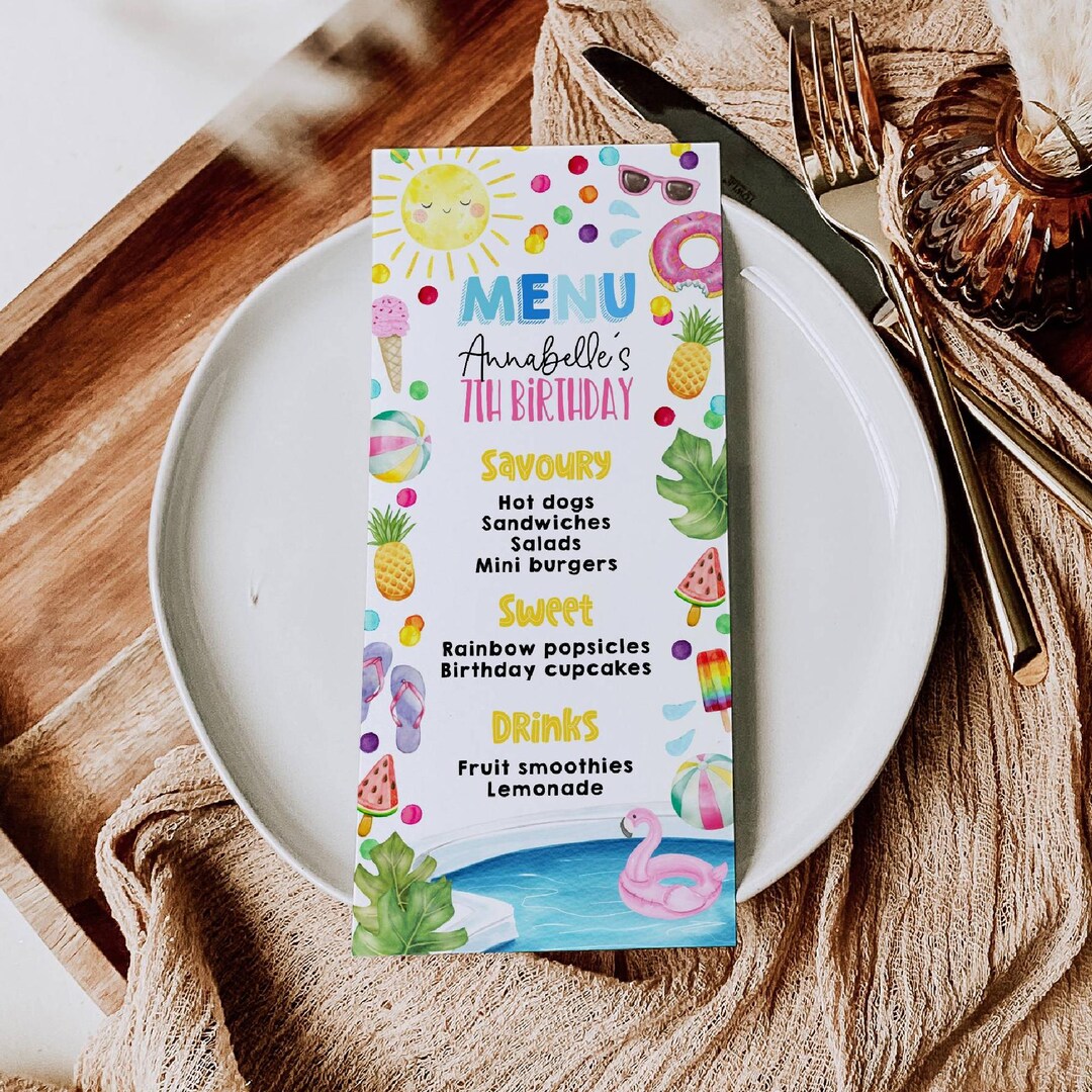 Summer Pool Party Menu Template, Printable Kids' Birthday Menu Cards ...