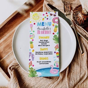 Modèle de Menu de fête d'été à la piscine, cartes de menu d'anniversaire pour enfants imprimables, cartes de menu d'anniversaire de natation filles modifiables, téléchargement numérique, #PP
