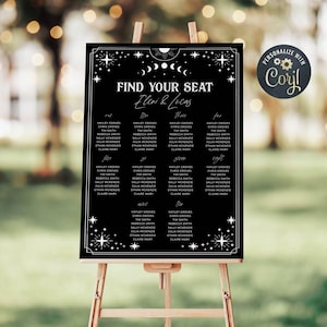 Modello di tabella dei posti a sedere per matrimonio con carte dei tarocchi, modello di tabella dei posti a sedere per matrimonio in stile gotico per Halloween ... modificabile con segno lunare spettrale, download immediato, #H9