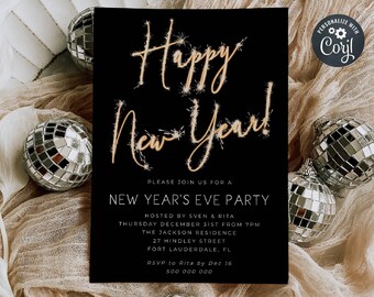 Sparkler Happy New Year Invitation Template, Printable Modern New Year's Eve Party Invite, Editable Minimal Sparkling NYE, Digital Download