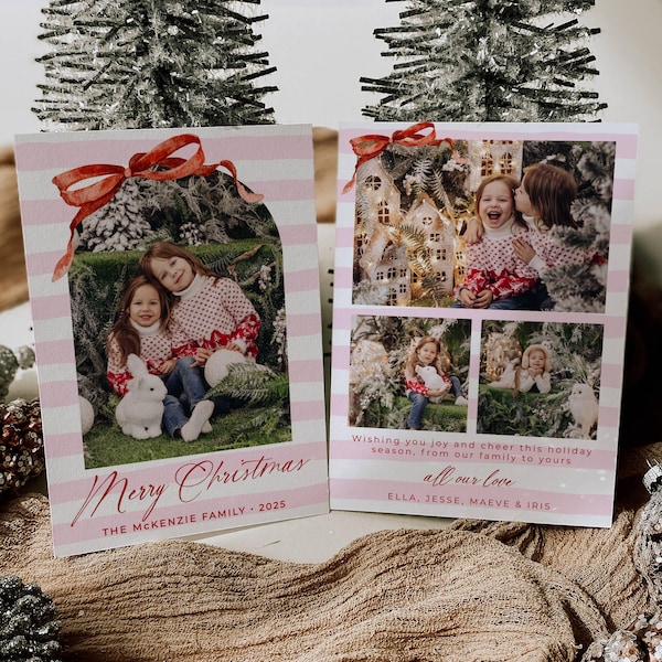 Red Bow Holiday Card Template, Printable Arch Photo Christmas Card, Editable Modern Pink Stripes Family Greeting Card, Instant Download