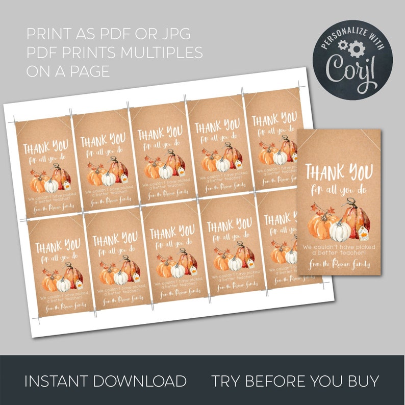 Printable Thanksgiving Teacher Tag Template Fall Teacher | Etsy