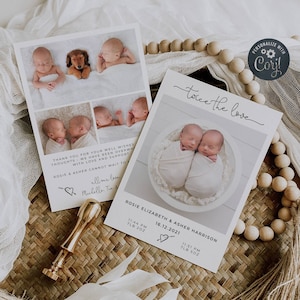 Geburtsanzeige-Vorlage für Zwillinge, druckbare Neugeborenenkarten mit Fotos, bearbeitbar zweimal das Liebesbaby Danke, sofort-Download