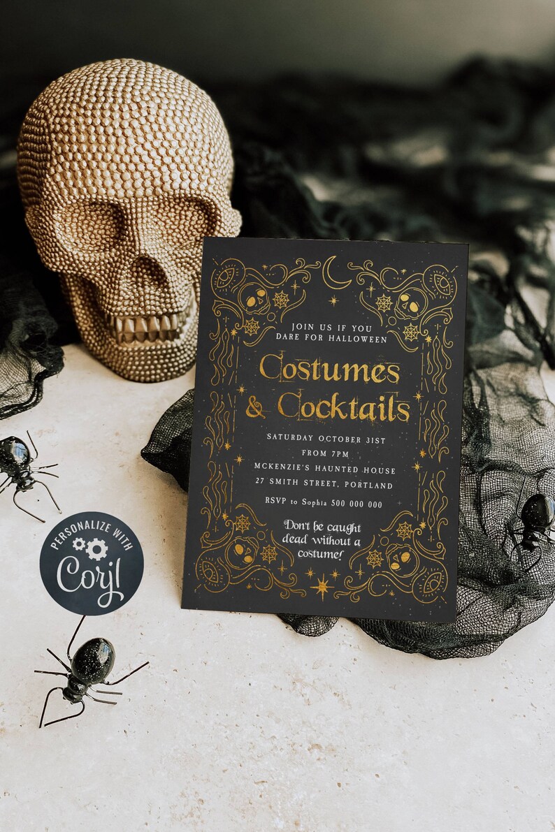 Editable Costumes & Cocktails Halloween Invitation Template, Printable Gold Frame Gothic Invite, Adult Halloween, Instant Download, #HG 