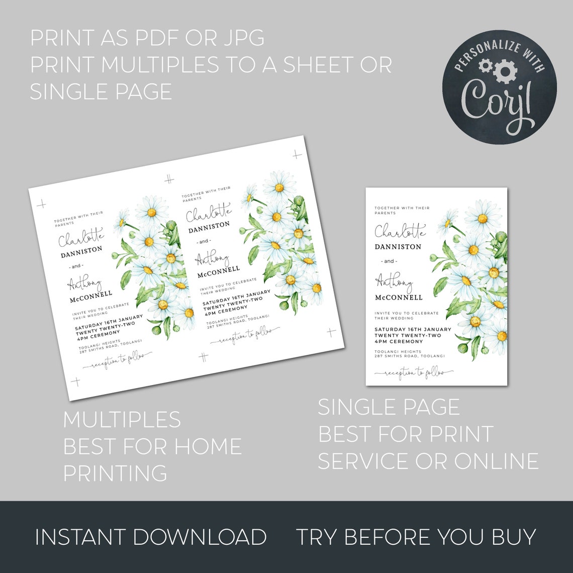 Daisy Wedding Invitation Set Template Printable White Daisies | Etsy