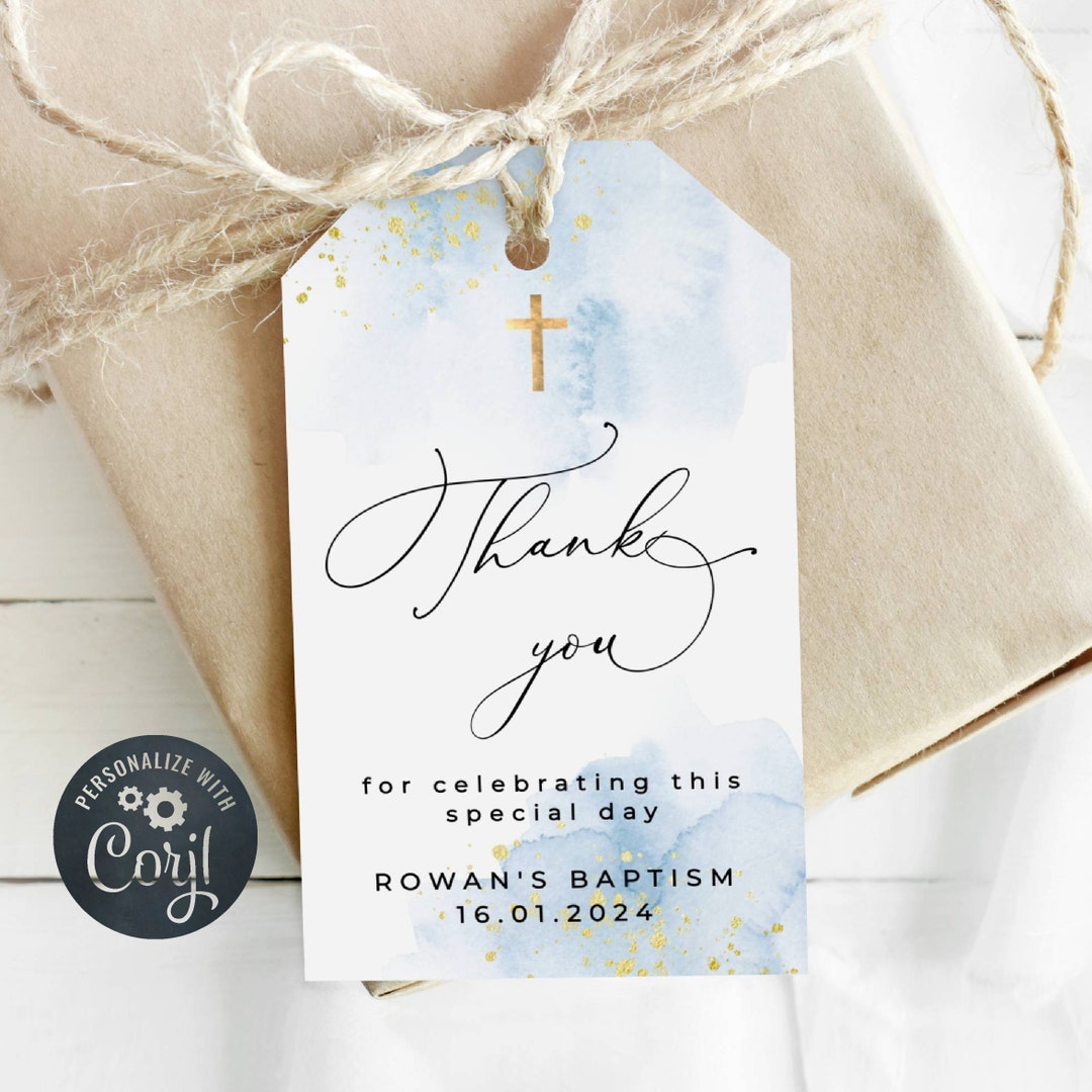 Blue & Gold Baptism Favor Tag Template, Printable Christening Gift Tags, Baby Light Blue Watercolor Dedication Tag, Instant Download #BB - Etsy for Free Printable Christening Favor Tags