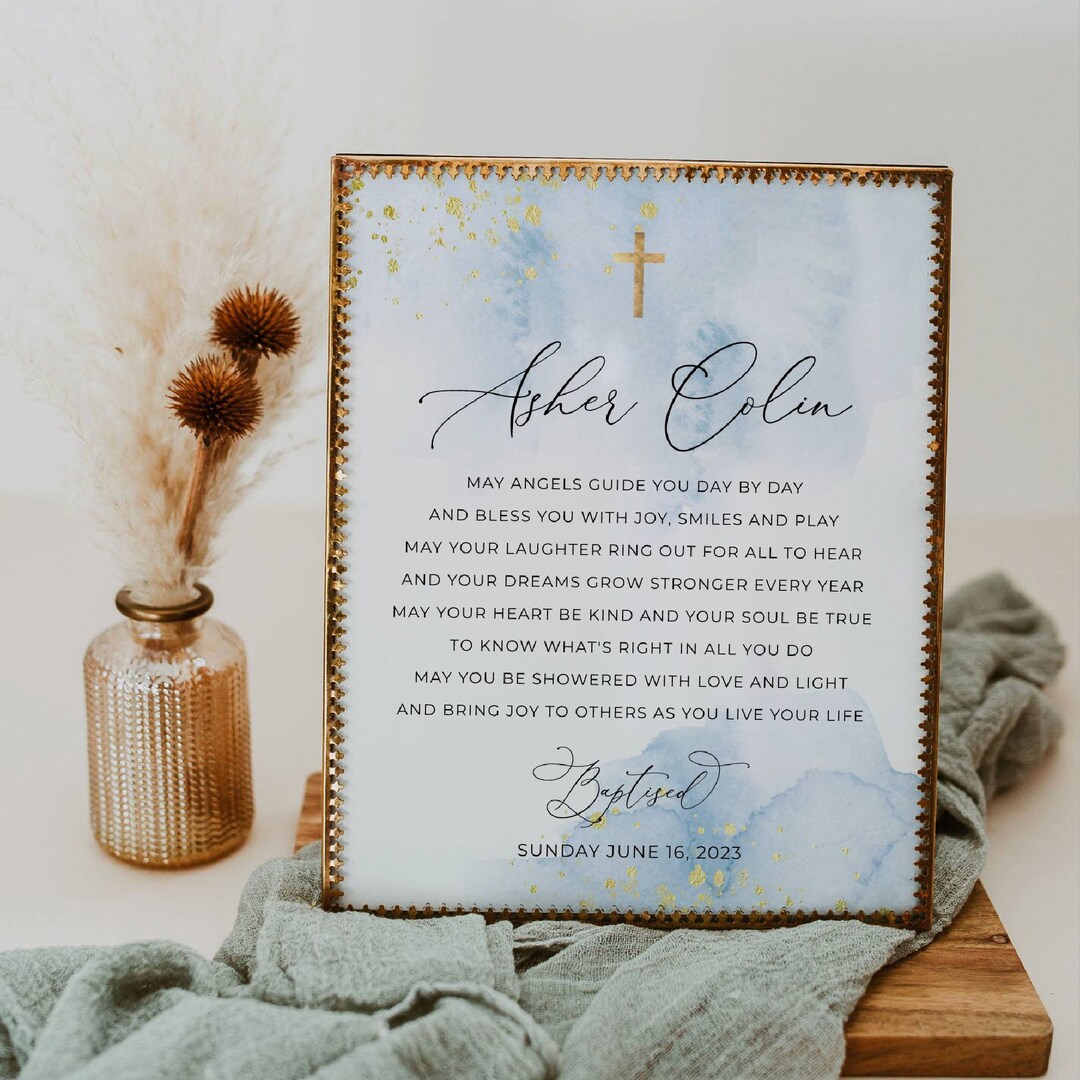 Baptism Prayer Sign Template, Printable Blue &amp; Gold Personalized ...
