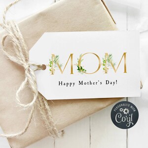 Plantilla de etiqueta de regalo para el Día de la Madre, etiqueta de regalo para mamá imprimible, etiqueta de regalo para el Día de la Madre moderna con hojas tropicales doradas editables, descarga instantánea