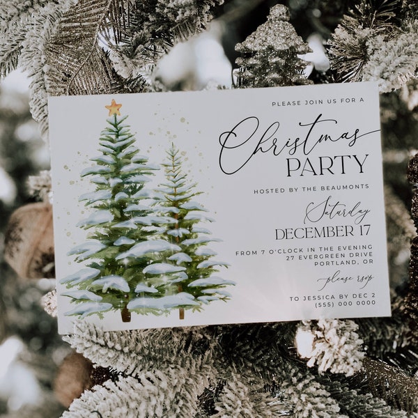 Elegant Christmas Trees Invitation Template, Printable Holiday Party Invite, Editable Modern Minimalist Xmas Pines Invite, Instant Download