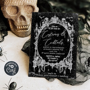 Chalkboard Gothic Frame Halloween Party Invite, Printable Vintage Invitation Template, Editable Costumes & Cocktails Invite Instant Download