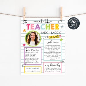 May include: A personalized teacher meet-and-greet poster, held by a wooden clip. The poster features a photo of Mrs. Harris, a list of her favorites, and a welcome message. The design includes colorful stars and hearts.
