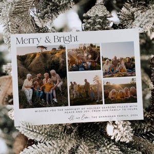 Szablon świątecznej karty ze zdjęciem Merry & Bright, do wydrukowania nowoczesna minimalistyczna karta świąteczna, edytowalna rodzinna karta z pozdrowieniami, natychmiastowe pobranie