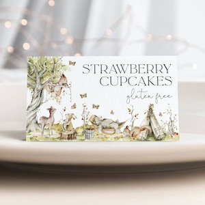 Plantilla de etiqueta de comida para baby shower con temática de bosque, tarjetas de buffet imprimibles, tarjetas de lugar para baby shower con animales del bosque editables, descarga instantánea #WS