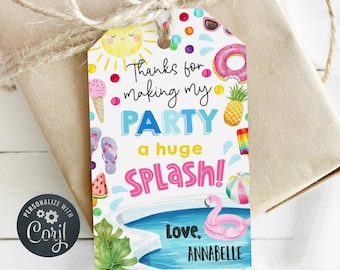 May include: A white thank you tag with colorful illustrations of a pool, a flamingo float, a watermelon, a pineapple, a donut, sunglasses, and a sun. The text reads "Thanks for making my party a huge splash! Love, Annabelle".