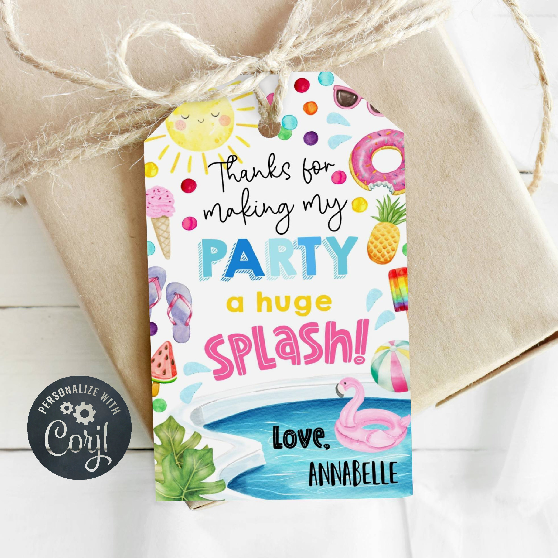 Summer Birthday Party Thank You Tags, Pool Party Favor Tags, Rainbow Tags,  Summer Party Tags, Swim Party, Popsicles, Beach Ball, Flip Flops 