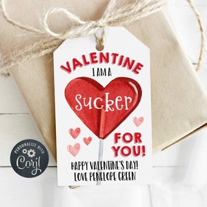 Plantilla de etiqueta de regalo para el día de San Valentín "Soy un fanático de ti", etiqueta de recuerdo de piruleta imprimible, etiquetas de obsequios para la clase escolar editables, descarga instantánea