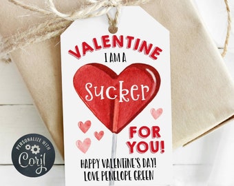 I Am A Sucker For You Valentine's Day Gift Tag Template, Printable Lollipop Favor Tag, Editable School Class Treat Tags, Digital Download