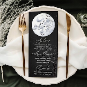 Halloween Full Moon Elegant Menu Template, Printable Spooky Dinner Party Menu, Editable Gothic Starry Table Decor, Instant Download, #HM