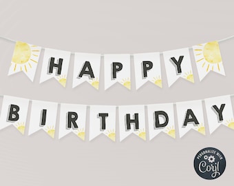 Sonnenschein alles Gute zum Geburtstag Banner Vorlage, druckbare erste Reise um die Sonne Wimpelkette, bearbeitbare Boho Sun Party Dekor, digitaler Download, # S1