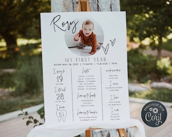 Baby's First Year Milestone Board Template, Editable 1st Birthday Photo Milestone Sign, Printable Milestone Poster, Instant Download, #B3