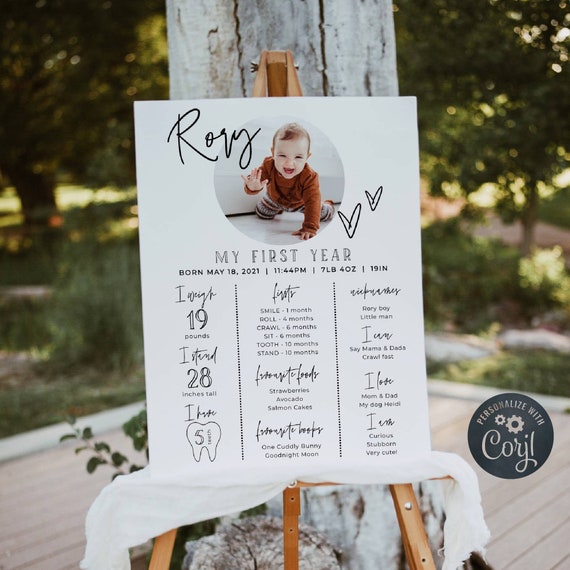 Baby's First Year Milestone Board Template, Editable 1st Birthday Photo Milestone Sign, Printable Milestone Poster, Instant Download, #B3