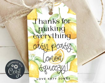Lemons Appreciation Gift Tag Template, Printable Teacher Favor Tag, Editable Easy Peasy Lemon Squeezy Thank You Tag, Digital Download