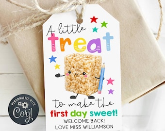 Back To School Crispy Rice Gift Tag Template, Printable First Day Krispie Class Favors, Editable Welcome Tag, Digital Download