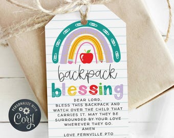 Backpack Blessing Gift Tag Template, Printable Back To School Religious Prayer Tag, Editable First Day Rainbow Tag, Digital Download
