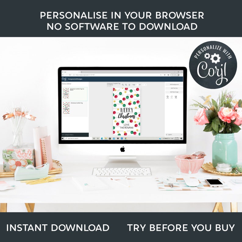 May include: A computer screen displaying a website with a Christmas gift tag design template. The design features red and green ornaments on a white background with the text "Merry Christmas" and "Love The Rowans". The website is called "Corjl" and allows users to personalize the design.