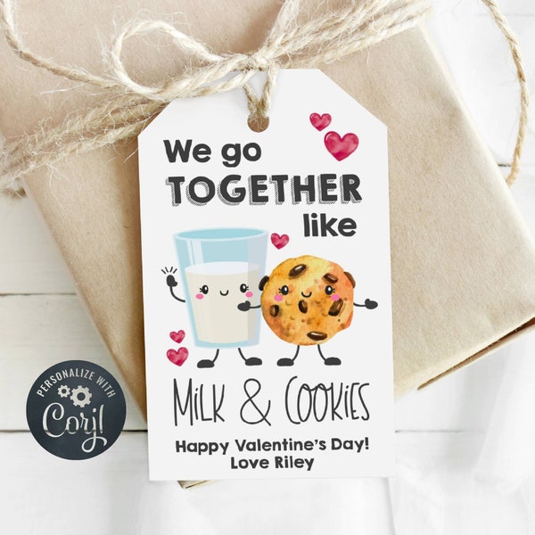 Milk And Cookies Valentine's Day Gift Tag Template, Printable We Go Together Cookie Favors, Editable Class Valentine Tag, Instant Download